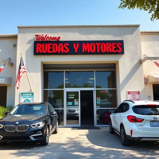 Fachada del taller Ruedas y Motores con veh&iacute;culos en la entrada.